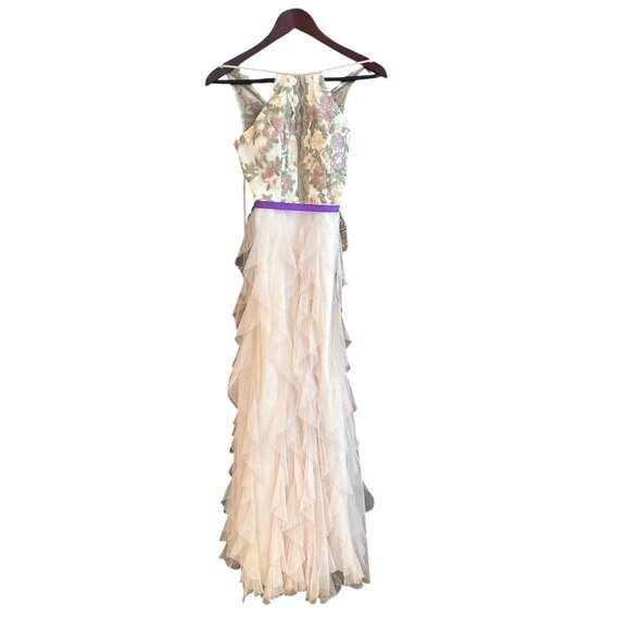 Floral Embroidered Halter Maxi Dress With Ruffled Tulle Skirt & Purple Waist Tie - Picture 6 of 16